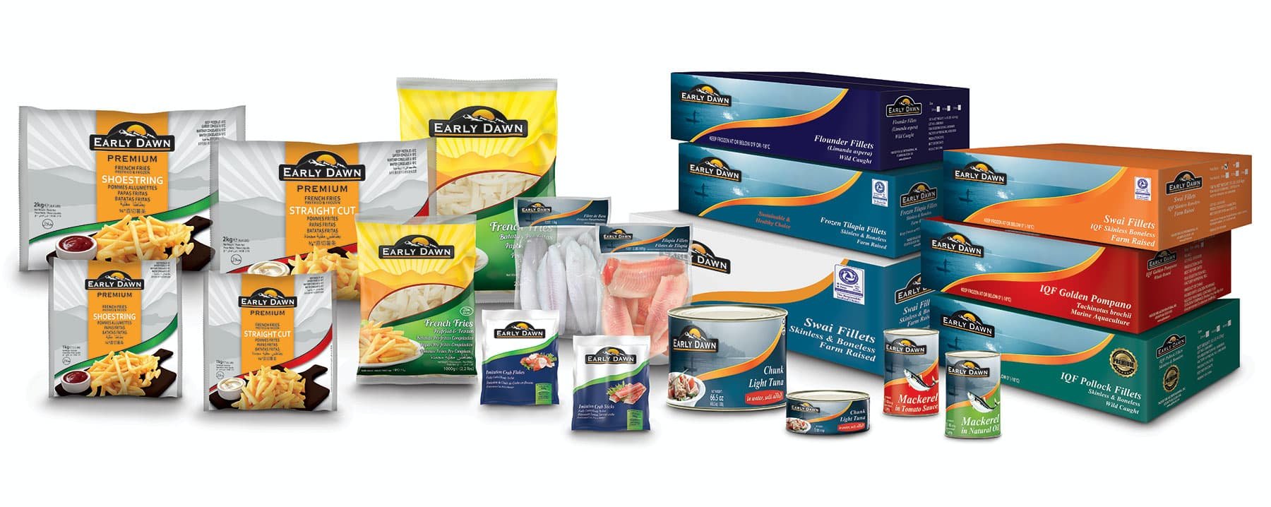 Early Dawn packages of products: bags of french fries and cod fillets, cans of tuna and mackerel, boxes of flounder, tilapia, golden pompano and pollock fillets